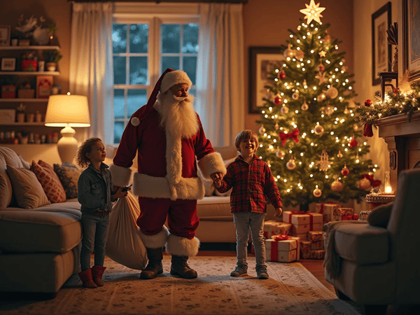 papai noel entra na casa segurando na mão de 2 crianças e um saco de presente em uma das mãos, sala toda decorada de natal