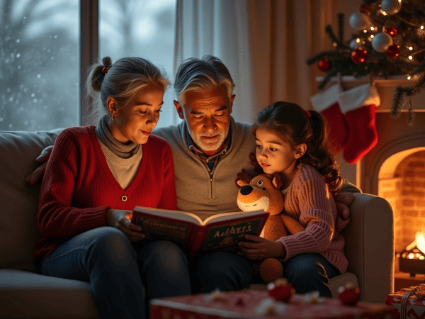 um casal conta contos nalinos para sua filhinha de 5 anos dias antes do natal, todos sentados no sofa