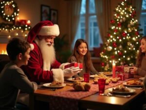 duas crianças e o papai noel no centro, a cena demonstra como é importante a organização para a noite de natal