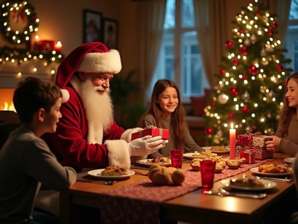 duas crianças e o papai noel no centro, a cena demonstra como é importante a organização para a noite de natal