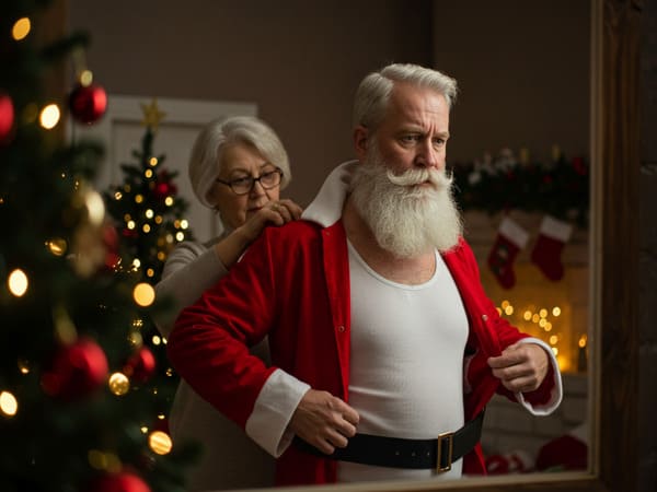 papai noel se arrumando para ir trabalhar, sua esposa atras dele ajudando ele a se vestir