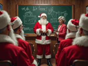 uma sala, varios aprendizes de papais noeis e uma mamae noel de assistente. O papai noel principal no centro diante do quadro escrito com giz é o professor
