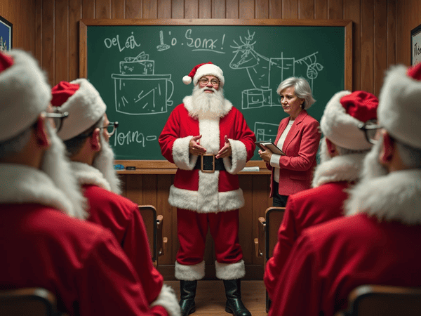 uma sala, varios aprendizes de papais noeis e uma mamae noel de assistente. O papai noel principal no centro diante do quadro escrito com giz é o professor
