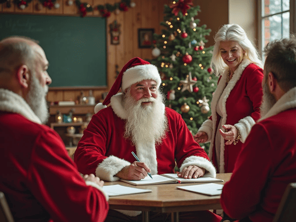 papai noel sentado com uma caneta na mão, uma mamae noel assistente do lado. Ele ensina dois outros papai noel que estão aprendendo a profissão