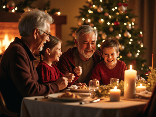Mesa na ceia de natal, a luz de velas, arvore de natal ao fundo, risadas e descontração os dois idosos contando suas historias para 2 crianças