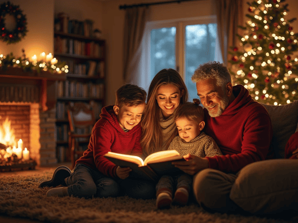 os pais faz leitura para duas crianças dias antes que antecede o natal. Lareira a esquerda, arvore de natal iluminada a direita completa a cena