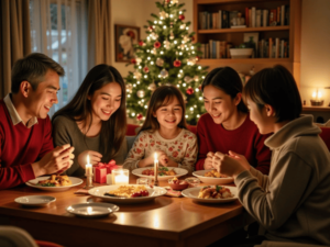familia reunida na ceia de natal 5 pessoas a luz de velas, muita alegria completam a magia do natal