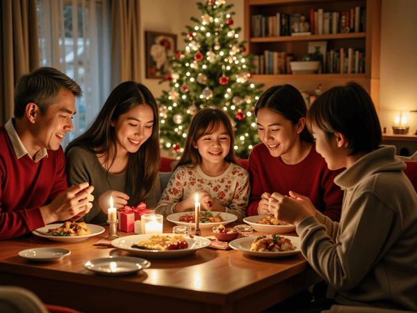 familia reunida na ceia de natal 5 pessoas a luz de velas, muita alegria completam a magia do natal