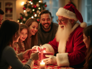 papai noel encantando as crianças entregando um presente diante da mesa e luz de velas e arvore de natal com luz no fundo completando a decoração do ambiente