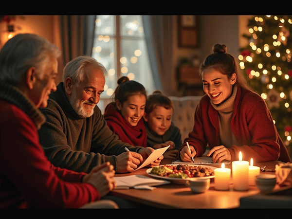 familia reunida, dois idosos, duas adolescentes e uma criança a meia luz e velas em cima da mesa e comida para ceia de natal e um dos idosos escrevem em um papel