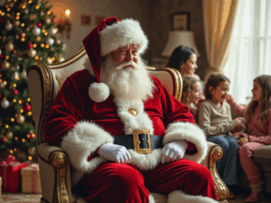 arvore de natal decorada no fundo, papai noel no primeiro plano, e crianças conversando no fundo