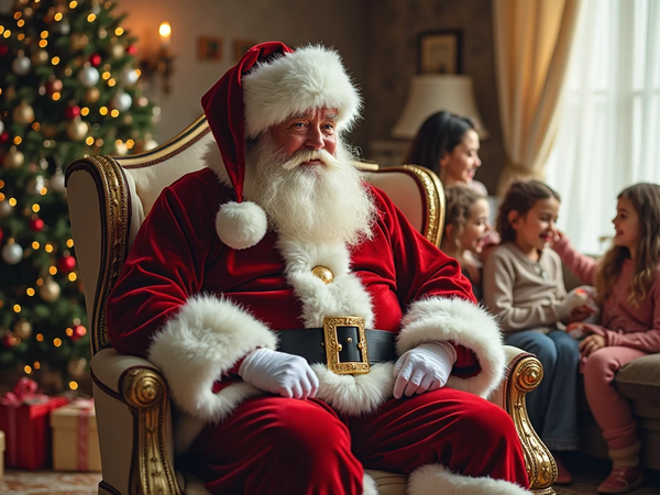 arvore de natal decorada no fundo, papai noel no primeiro plano, e crianças conversando no fundo