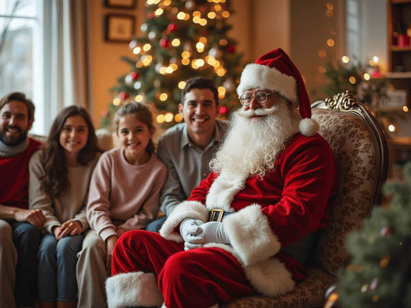 papai noel sentado no trono com várias crianças ao fundo e uma belissima decoração natalina completam a imagem
