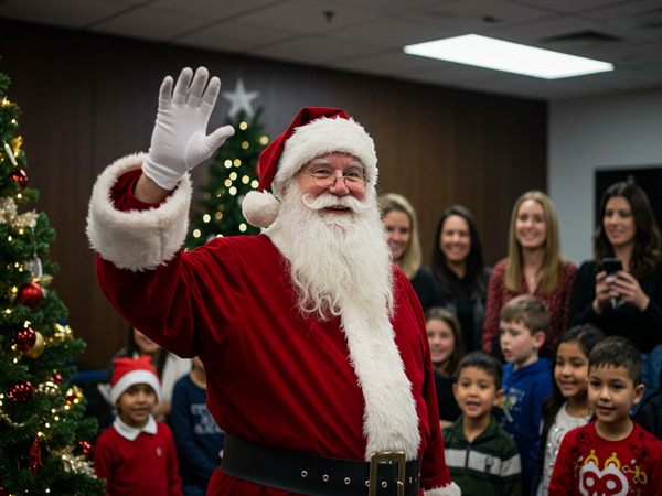 papai noel acenando com decoração e vários adultos e crianças no fundo.