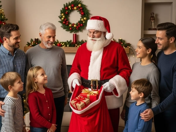 Papai noel no centro, do lado esquerdo 2 homens e do lado direito um casal. Na frente, 3 crianças encantadas com o bom velhinho. Decoração de natal completam a cena