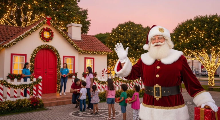 casa do papai noel, ele do lado externo, fila de crianças para visitar o noel no mes de natal