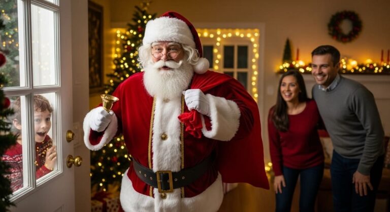 papai noel entrando na casa com um saco de presentes, um casal ao fundo admirados e uma crianças na janela toda feliz