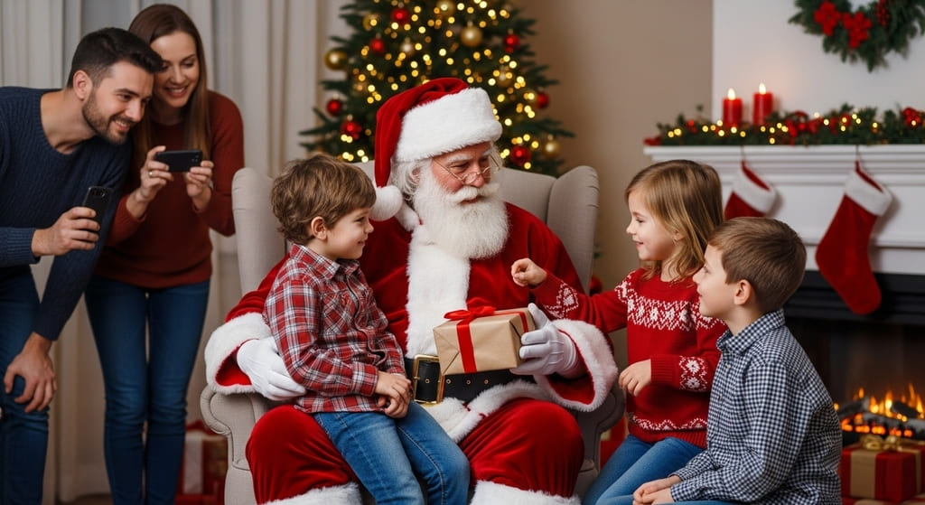 familia reunida em torno do papai noel, arvore e decoração de natal ao fundo. Papai noel ao lado de 3 crianças