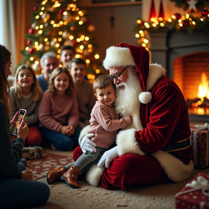 criança abraça o papai noel sentado no chão da sala de estar, uma pessoa filma, enquanto as demais ficam olhando alegremente