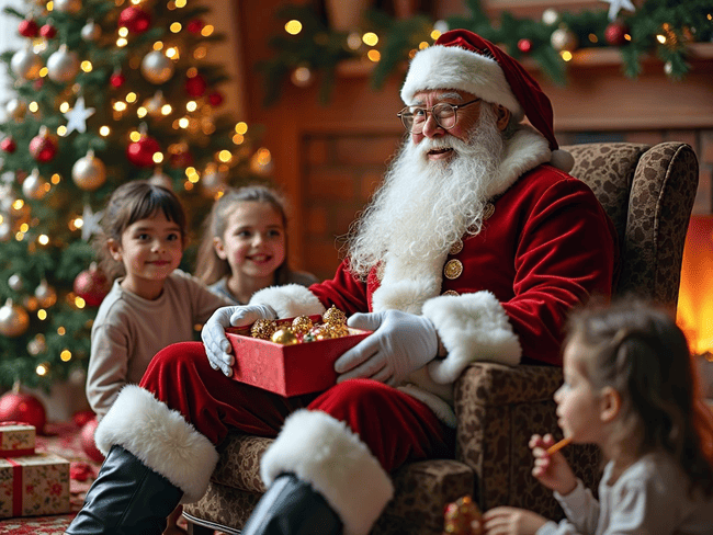 Papai noel sentado segurando uma caixa. Ao seu lado crianças olham para ele alegremente. Arvore de natal ao fundo completa a cena