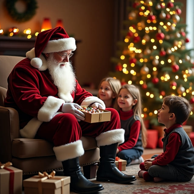 papai noel sentado com uma caixa de bolinhas de natal, crianças ao redor olhando pra ele. Uma arvore no fundo completa a sena