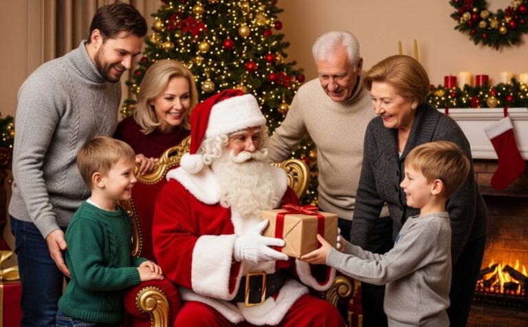 papai noel entregando presente para uma criança. Avos, pai e mae do lado. O noel sentado ao centro e arvore de natal atras