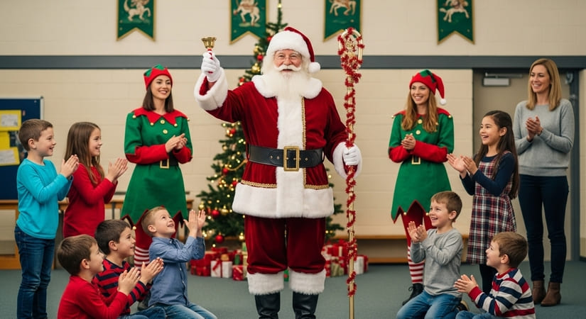 papai noel acenando, duas duendes ao seu lado, Professora e alunos batendo palma e o papai noel tocando o sino e segurando um cajado