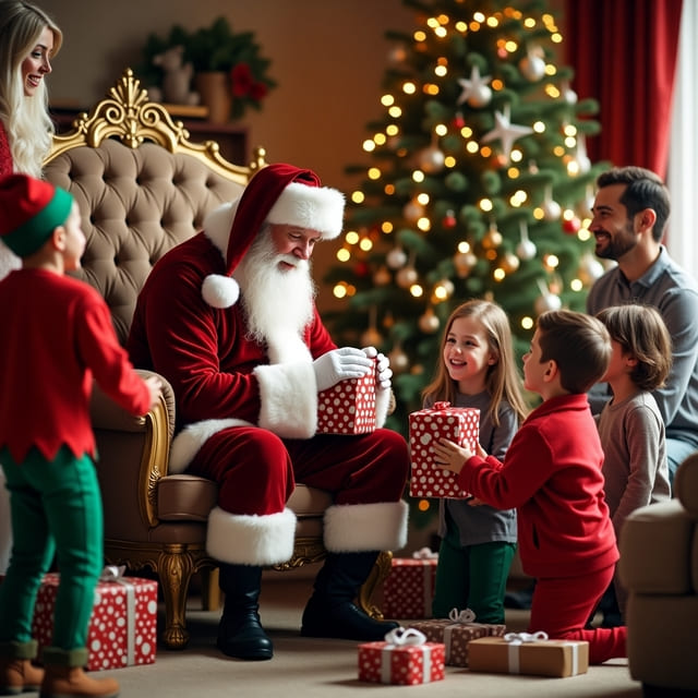 várias crianças em volta do papai noel que esta sentado no trono. No fundo uma arvore de natal. papai ajoelhando olhando atentamente