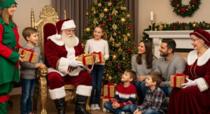 papai noel entregando presente, crianças olhando encantadas. Os papais observando. Decoração do natal no fundo