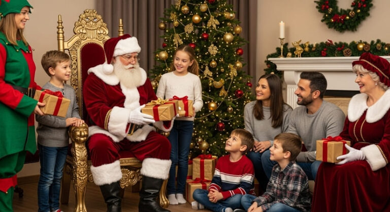 papai noel entregando presente, crianças olhando encantadas. Os papais observando. Decoração do natal no fundo