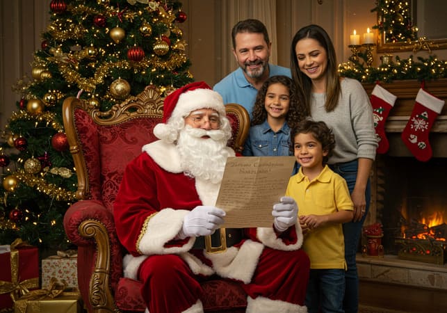 papai noel lendo uma carta, ao lado duas crianças e dois adultos junto com uma decoração natalina