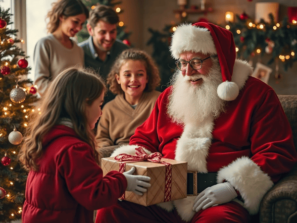 papai noel entregando um presente para uma garotinha, a outra sorridente olha e os pais ao fundo