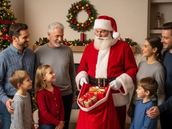 papai noel com um saco de presente, enquanto as crianças sorridentes olham. O avô e os pais alegres olham a cena