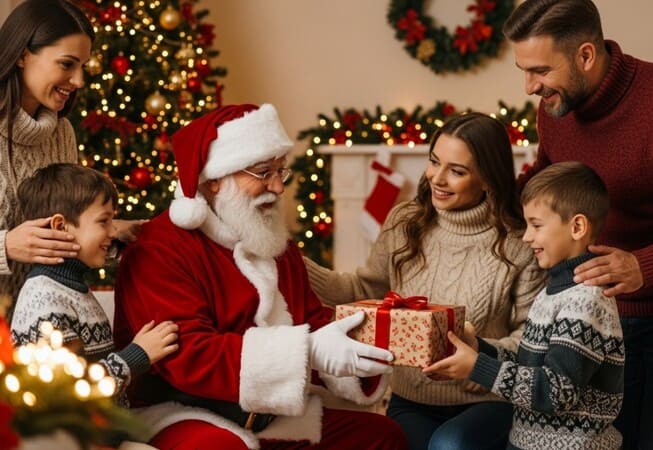 papai noel sentado na poltrona entregando presente para uma crianças, enquanto os pais olham. Decoração e arvore de natal completam a cena