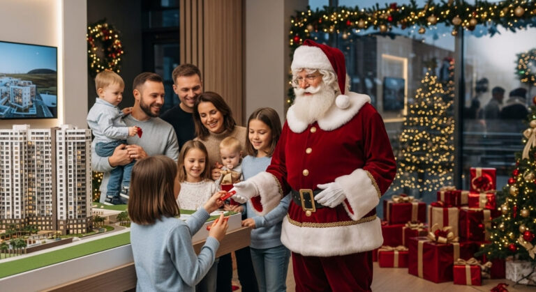 papai noel diante de uma maquete de predio entregando presente para uma crianças enquanto o restante da familia olha sorridente