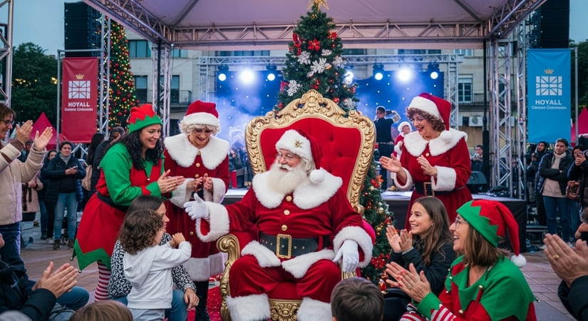papai noel no trono, assistentes em volta e muita criança na festa da cidade da prefeitura