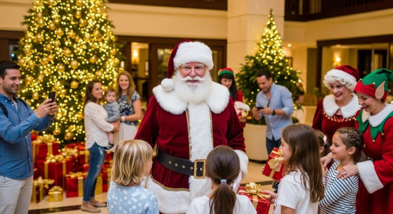 papai noel em resort atendendo os hospedes e crianças