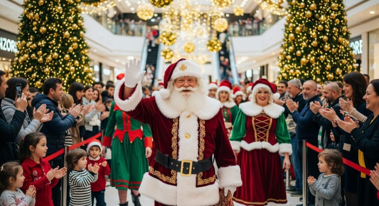 papai noel e assistentes chegando em shopping center