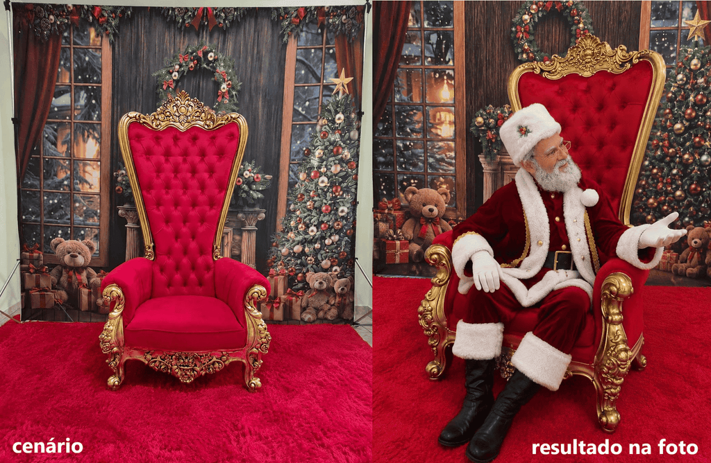 Cenário decorado com trono imperial do lado esquerdo na cor vermelho e do lado direito, o papai noel sentado chamando uma criança.