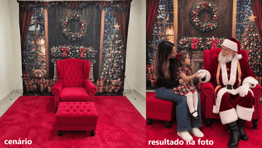 Poltrona vermelha com 1 lugar do lado esquerdo vazia, e do lado direito o papai noel sentado com a mãe do lado e uma criança dando a mão para o Noel