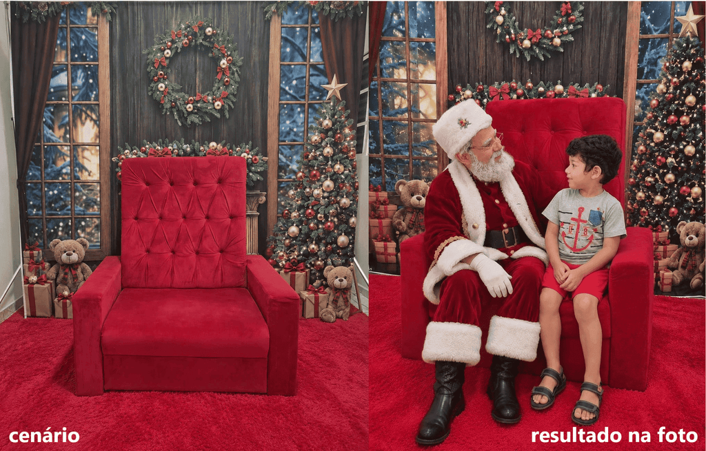 potrona 2 lugares vermelha com ambiente decorado do lado esquerdo e do lado direito, o papai noel sentado e uma criança também sentada do lado