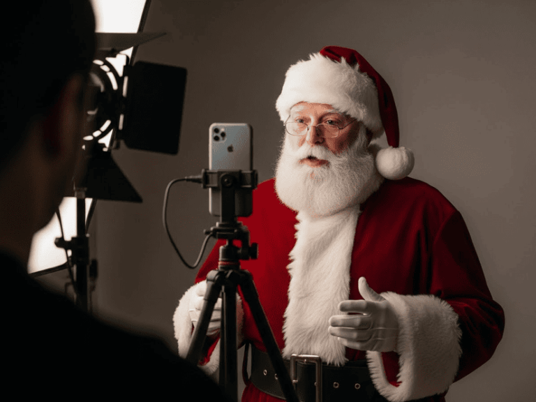 papai noel falando diante do smartphone gravando um video