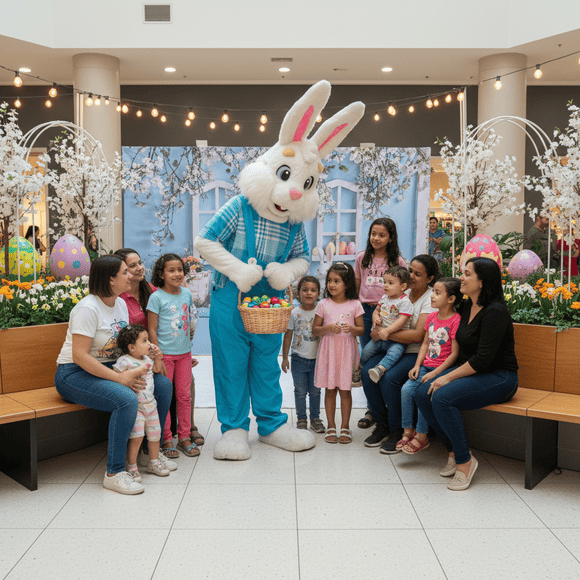 Coelho da Páscoa caminhando pelos corredores de shopping center com crianças durante ação promocional