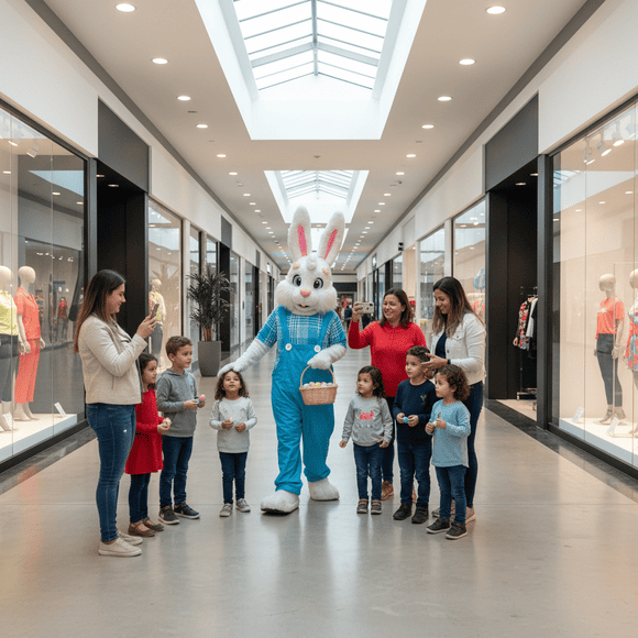 Coelho da Páscoa interagindo com crianças e famílias em shopping center durante ação de Páscoa
