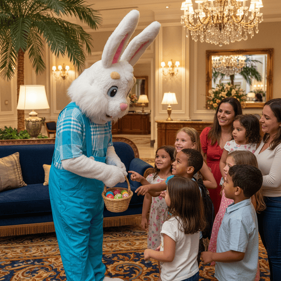 Coelho da Páscoa interagindo com crianças e famílias em hotel durante ação especial de Páscoa