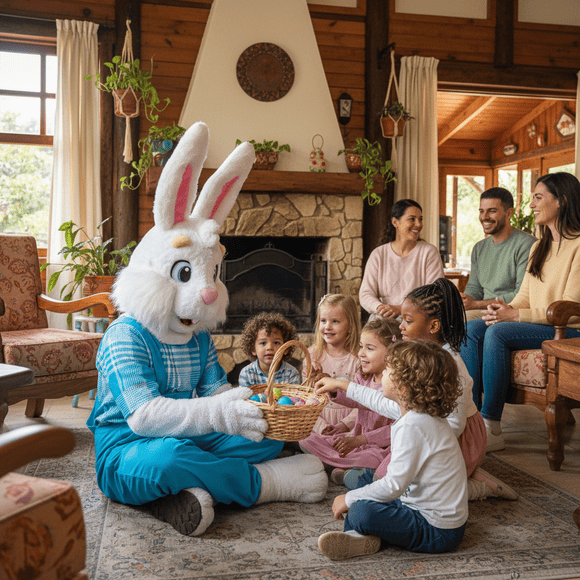 Coelho da Páscoa sentado com crianças em pousada durante ação de Páscoa com famílias