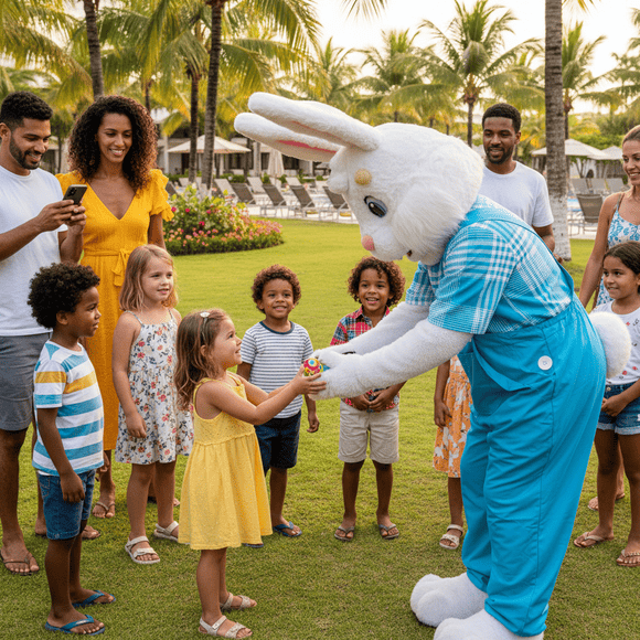 Coelho da Páscoa entregando ovos para crianças em resort durante evento de Páscoa ao ar livre