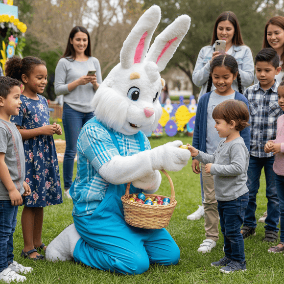 Coelho da Páscoa personagem vivo entregando ovo de chocolate para criança durante ação de Páscoa ao ar livre com famílias
