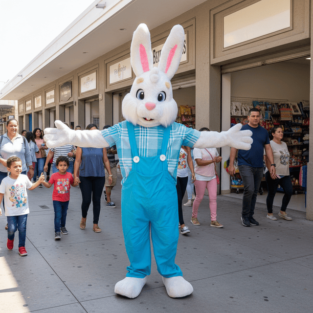Coelho da Páscoa em comércio local e lojas de rua interagindo com clientes