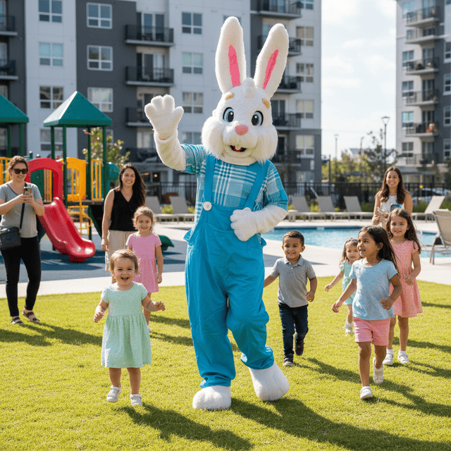 mascote coelho correndo e várias crianças atras e as maes tirando fotos dentro do condominio